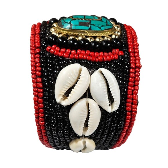 Handmade Beaded Cuff Bracelet Red & Black Seed Beads, Cowrie Shells, Turquoise - Picture 5 of 5